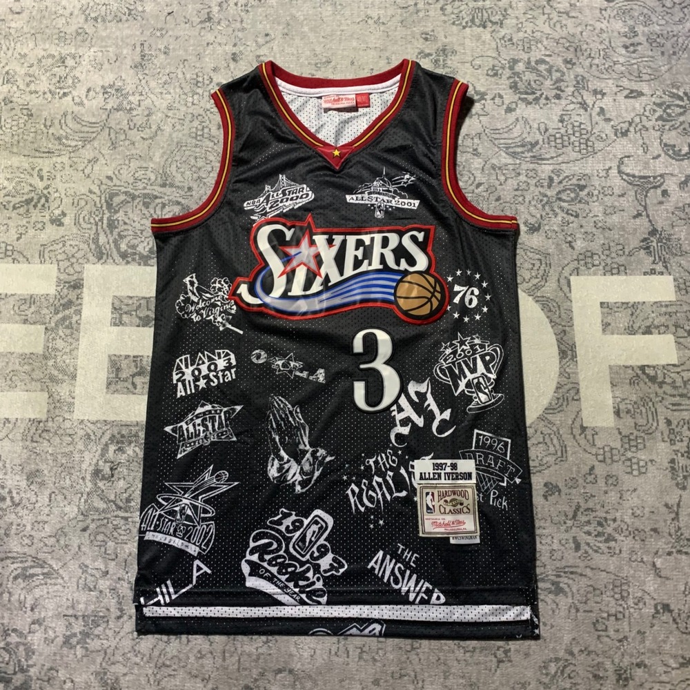Mitchell & Ness Allen Iverson Sixers Jersey men Medium Black New Career Graphics